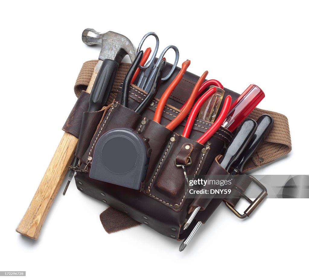 Tool belt full of tools isolated on white background