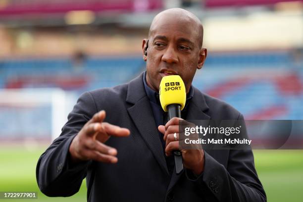 Dion Dublin presents on Football Focus by BBC Sport during the Premier League match between Burnley FC and Chelsea FC at Turf Moor on October 07,...