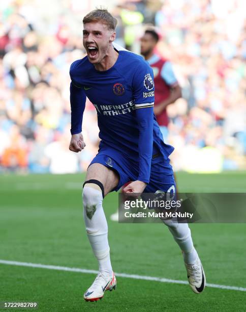 Cole Palmer of Chelsea celebrates after scoring the team's second goal during the Premier League match between Burnley FC and Chelsea FC at Turf Moor...