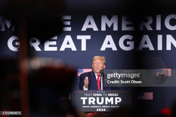 Republican presidential candidate former President Donald Trump speaks to guests during a rally on October 07, 2023 in Cedar Rapids, Iowa. The rally...