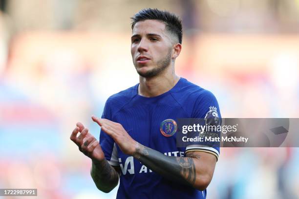 Enzo Fernandez of Chelsea acknowledges the fans after the Premier League match between Burnley FC and Chelsea FC at Turf Moor on October 07, 2023 in...