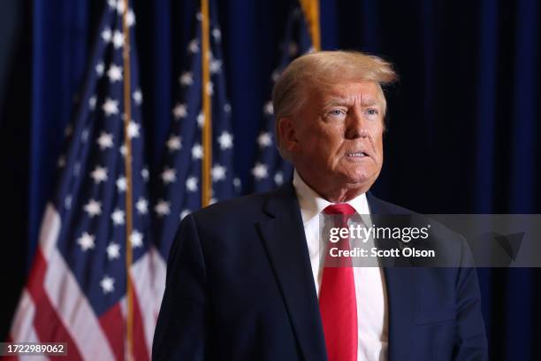 Republican presidential candidate former President Donald Trump arrives for a rally on October 07, 2023 in Cedar Rapids, Iowa. The rally is the...