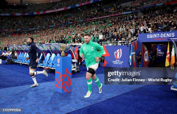Blair Kinghorn of Scotland, making his 50th Cap Appearance for Scotland, and Peter O'Mahony of Ireland, making his 100th Cap Appearance for Ireland,...