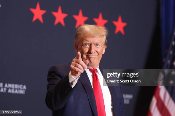 Republican presidential candidate former President Donald Trump arrives for a rally on October 07, 2023 in Cedar Rapids, Iowa. The rally is the...