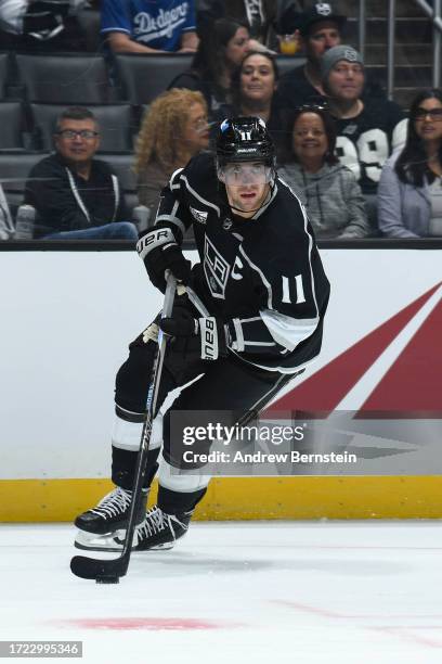 Anze Kopitar of the Los Angeles Kings skates with the puck during the second period of a preseason game against the Vegas Golden Knights at...