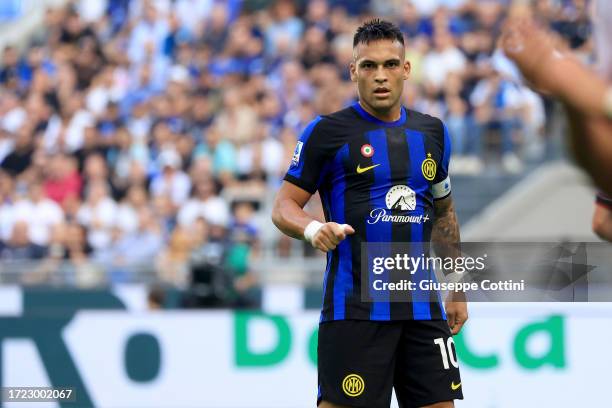 Lautaro Martinez of FC Internazionale looks on during the Serie A TIM match between FC Internazionale and Bologna FC at Stadio Giuseppe Meazza on...