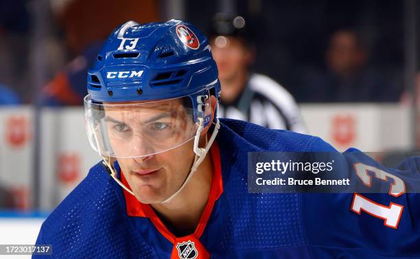 Mathew Barzal of New York Islanders skates against the New Jersey Devils at UBS Arena on October 06, 2023 in Elmont, New York.