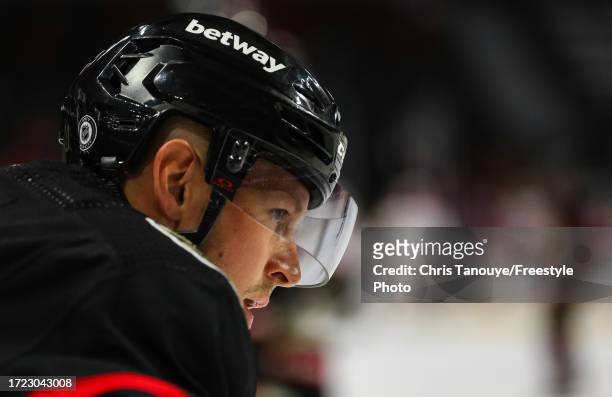 Josh Bailey of the Ottawa Senators looks on during warm up prior to a preseason game against the Montreal Canadiens at Canadian Tire Centre on...