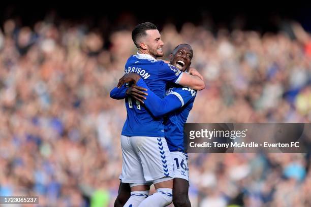 Jack Harrison of Everton celebrates his goal with Abdoulaye Doucoure during the Premier League match between Everton FC and AFC Bournemouth at...