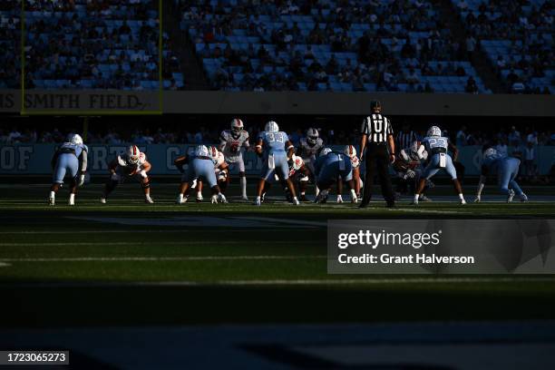 General view of the game between the North Carolina Tar Heels and the Syracuse Orange at Kenan Memorial Stadium on October 07, 2023 in Chapel Hill,...