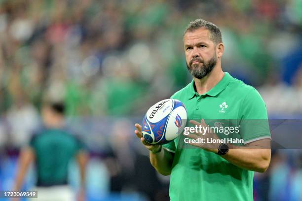 Ireland coach Andy Farrell looks at his team warm up before the Rugby World Cup France 2023 match between Ireland and Scotland at Stade de France on...