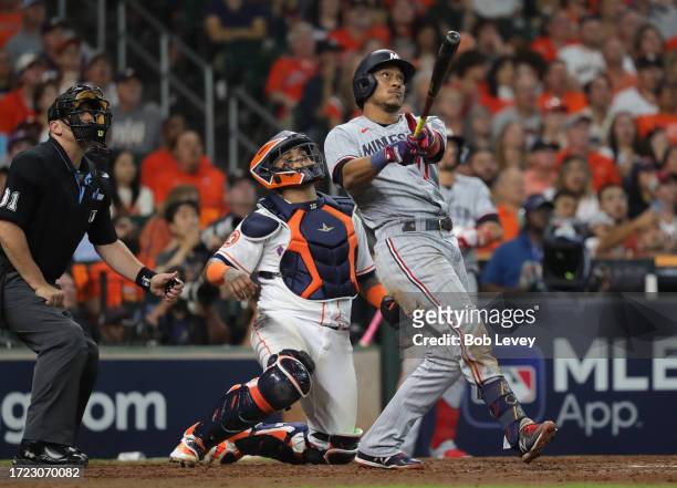 Jorge Polanco of the Minnesota Twins hits a home run during the seventh inning against the Houston Astros during Game One of the Division Series at...