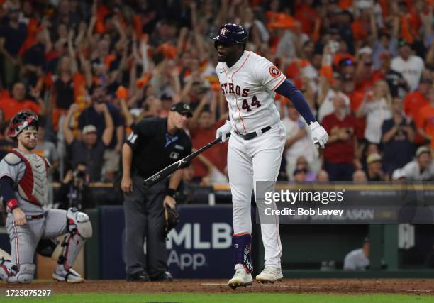 Yordan Alvarez of the Houston Astros reacts after a home run during the seventh inning against the Minnesota Twins during Game One of the Division...