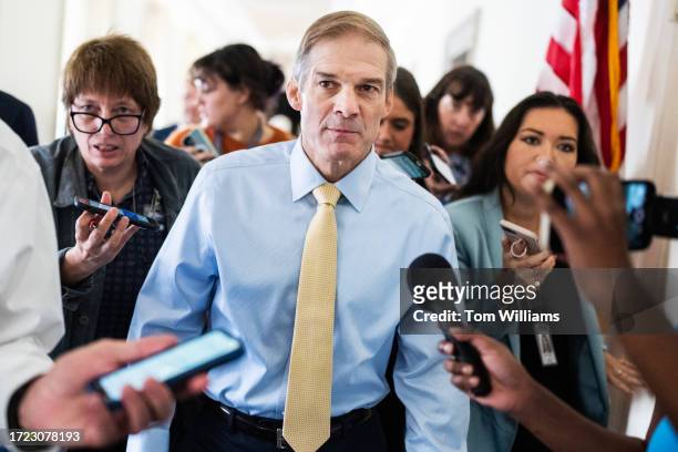 Rep. Jim Jordan, R-Ohio, leaves a House Republican Conference speaker of the house meeting in Longworth Building on Friday, October 13, 2023. House...