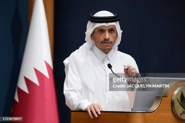 Qatar's Prime Minister and Foreign Minister Mohammed bin Abdulrahman Al Thani makes statements to the media with US Secretary of State, in Doha on...