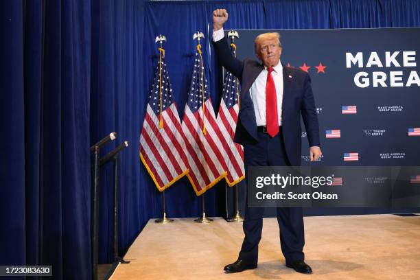 Republican presidential candidate former President Donald Trump departs a rally on October 07, 2023 in Cedar Rapids, Iowa. The rally was the second...