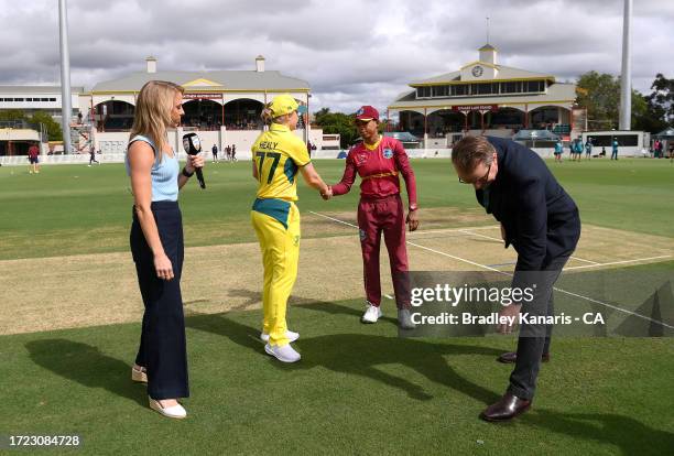 Alyssa Healy of Australia and Shemaine Campbelle of the West Indies at the toss during game one of the One Day International series between Australia...