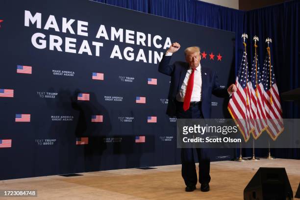 Republican presidential candidate former President Donald Trump departs a rally on October 07, 2023 in Cedar Rapids, Iowa. The rally was the second...