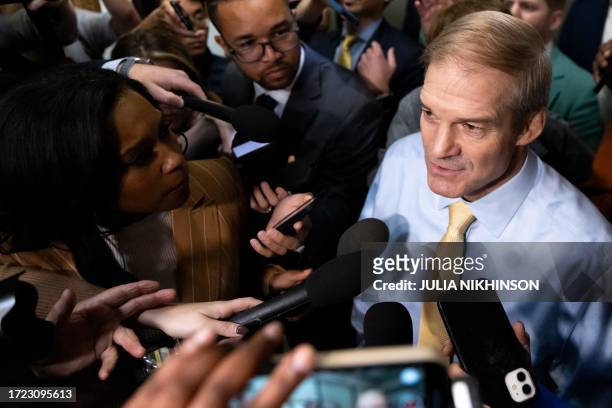 Representative Jim Jordan, R-OH, departs a Republicans caucus meeting at the Longworth House Office Building on Capitol Hill in Washington, DC, on...