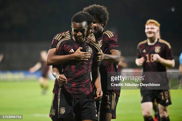Youssoufa Moukoko of Germany celebrates after scoring his second goal during the UEFA Under21 EURO 2025 Qualifier match between Bulgaria U21 and...
