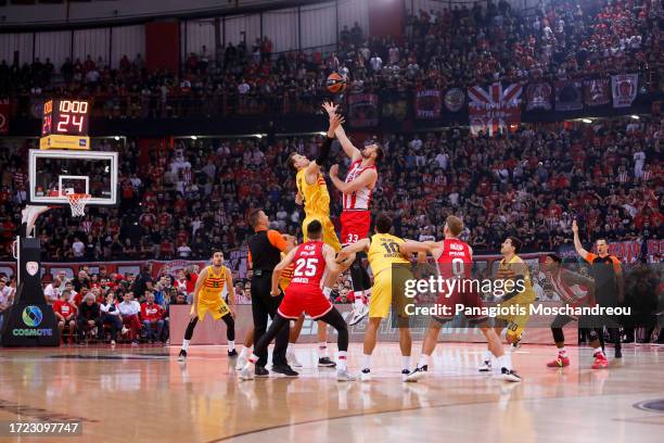 The tip-off of the Turkish Airlines EuroLeague Regular Season Round 2 match between Olympiacos Piraeus and FC Barcelona at Peace and Friendship...