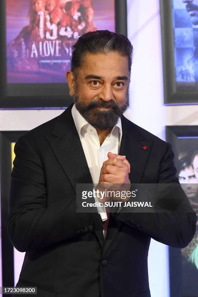 Bollywood actor Kamal Haasan poses for a photograph at the screening of Indian Hindi language film 'Khamosh' in Mumbai on October 13, 2023.