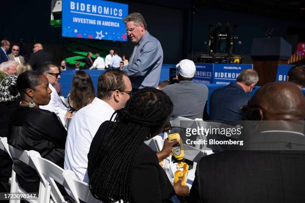 Soft pretzels are handed out to attendees before US President Joe Biden speaks at an economic event at Tioga Marine Terminal in Philadelphia,...