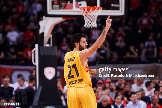 Alex Abrines, #21 of FC Barcelona react during the Turkish Airlines EuroLeague Regular Season Round 2 match between Olympiacos Piraeus and FC...