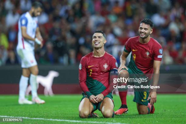 Cristiano Ronaldo of Portugal and Goncalo Ramos of Portugal during the UEFA EURO 2024 European qualifier match between Portugal and Slovakia at...