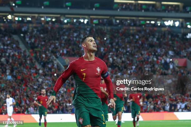 Cristiano Ronaldo of Portugal celebrates scoring Portugal second goal during the UEFA EURO 2024 European qualifier match between Portugal and...