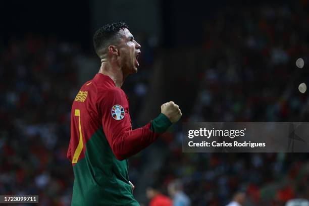 Cristiano Ronaldo of Portugal celebrates scoring Portugal second goal during the UEFA EURO 2024 European qualifier match between Portugal and...