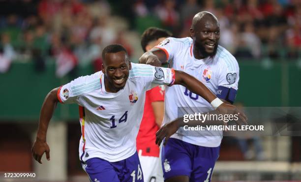 Belgium's Dodi Lukebakio celebrates after scoring during a soccer game between Austria and the Belgian national soccer team Red Devils, at the Ernst...