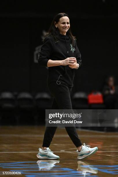 Sandy Brondello of the New York Liberty during practice and media availability at the 2023 WNBA Finals on October 13, 2023 in Brooklyn, New York....