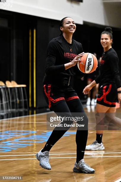 Kiah Stokes of the Las Vegas Aces shoots the ball during practice and media availability at the 2023 WNBA Finals on October 13, 2023 in Brooklyn, New...