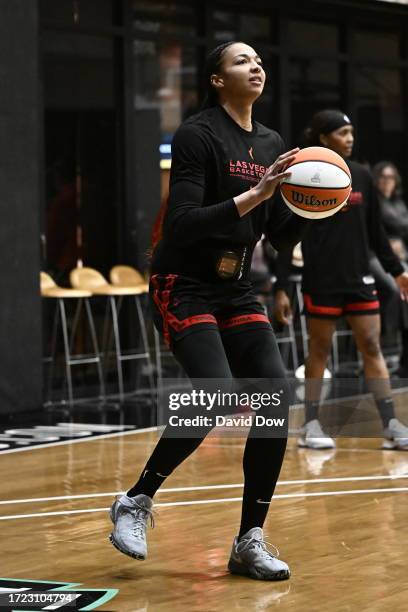 Kiah Stokes of the Las Vegas Aces shoots the ball during practice and media availability at the 2023 WNBA Finals on October 13, 2023 in Brooklyn, New...