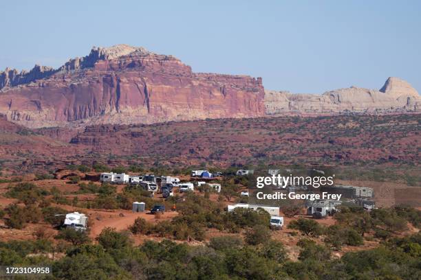 People boondock camp on public lands the day before the Annular Eclipse on October 13, 2023 just outside Capitol Reef National Park, Utah. An Annular...