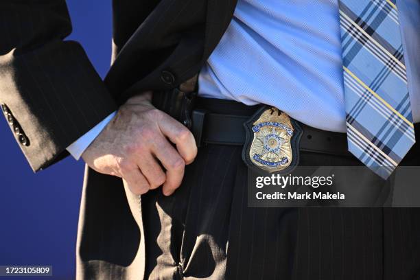 Member of the Secret Service monitors activity as U.S. President Joe Biden speaks at Tioga Marine Terminal on October 13, 2023 in Philadelphia,...