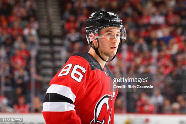Jack Hughes of the New Jersey Devils skates during the third period of the game against the Arizona Coyotes at the Prudential Center on October 13 in...