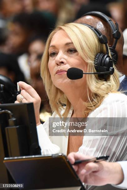 Doris Burke looks on during the game between the Golden State Warriors and the Los Angeles Lakers on October 13, 2023 at Crypto.Com Arena in Los...