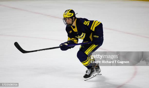 Frank Nazar III of the Michigan Wolverines skates against the Massachusetts Minutemen during the second period during NCAA men's hockey at the...