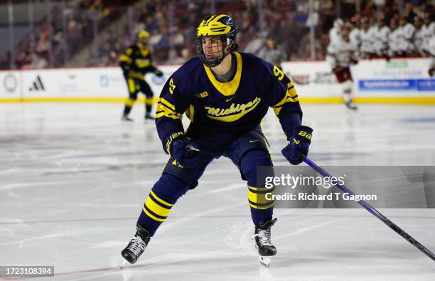 Frank Nazar III of the Michigan Wolverines skates against the Massachusetts Minutemen during the second period during NCAA men's hockey at the...