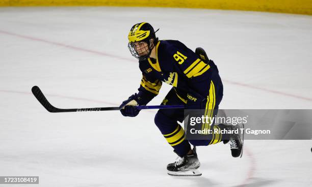 Frank Nazar III of the Michigan Wolverines skates against the Massachusetts Minutemen during the second period during NCAA men's hockey at the...