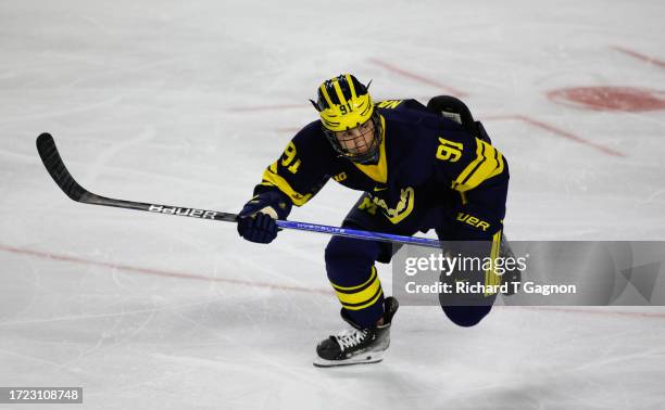 Frank Nazar III of the Michigan Wolverines during the third period skates against the Massachusetts Minutemen during NCAA men's hockey at the Mullins...