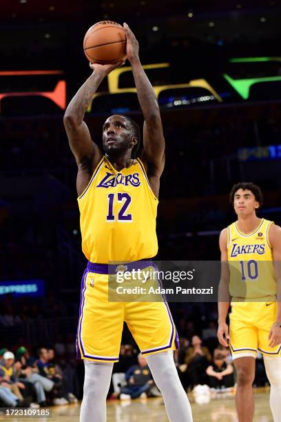 Taurean Prince of the Los Angeles Lakers prepares to shoot a free throw during the game against the Golden State Warriors on October 13, 2023 at...