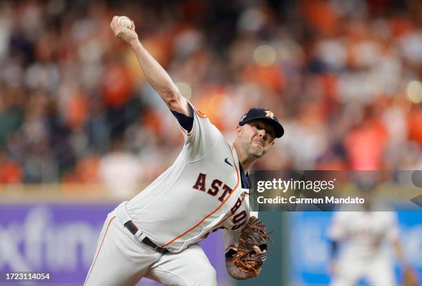 Ryan Pressly of the Houston Astros pitches during the ninth inning against the Minnesota Twins during Game One of the Division Series at Minute Maid...