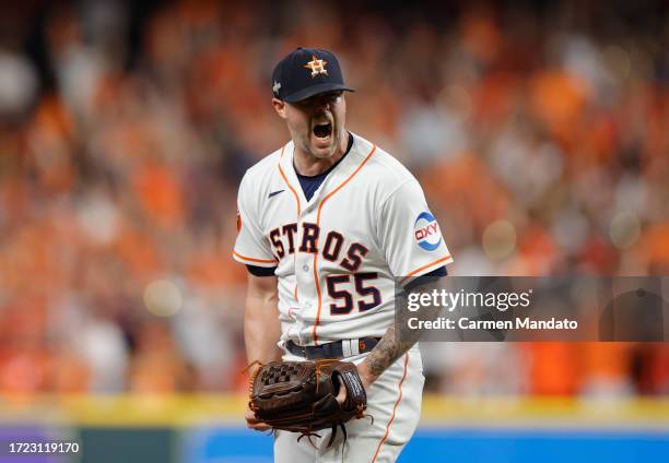 Ryan Pressly of the Houston Astros reacts after a strikeout during the ninth inning against the Minnesota Twins during Game One of the Division...