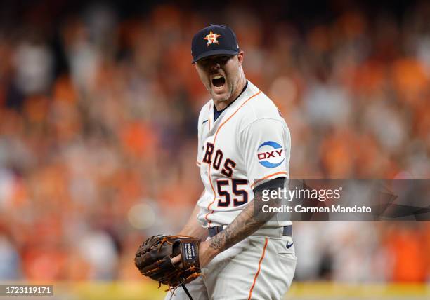 Ryan Pressly of the Houston Astros reacts after a strikeout during the ninth inning against the Minnesota Twins during Game One of the Division...
