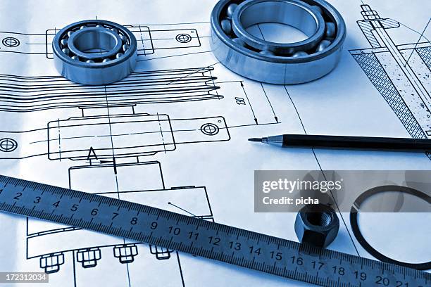 mechanical drawings with a ruler and pencil - ball bearing stock pictures, royalty-free photos & images