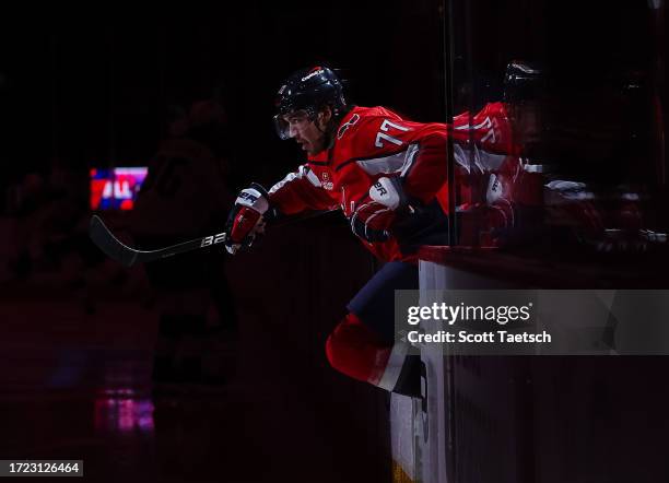 Oshie of the Washington Capitals takes the ice before the NHL preseason game against the Columbus Blue Jackets at Capital One Arena on October 7,...