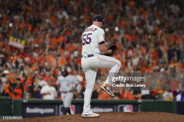 Ryan Pressly of the Houston Astros reacts after a strikeout during the ninth inning against the Minnesota Twins during Game One of the Division...